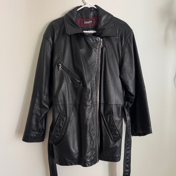 Vintage 90s Wilsons Leather Black Hip Length Zip Jacket with Belt | Size XL - Picture 1 of 10